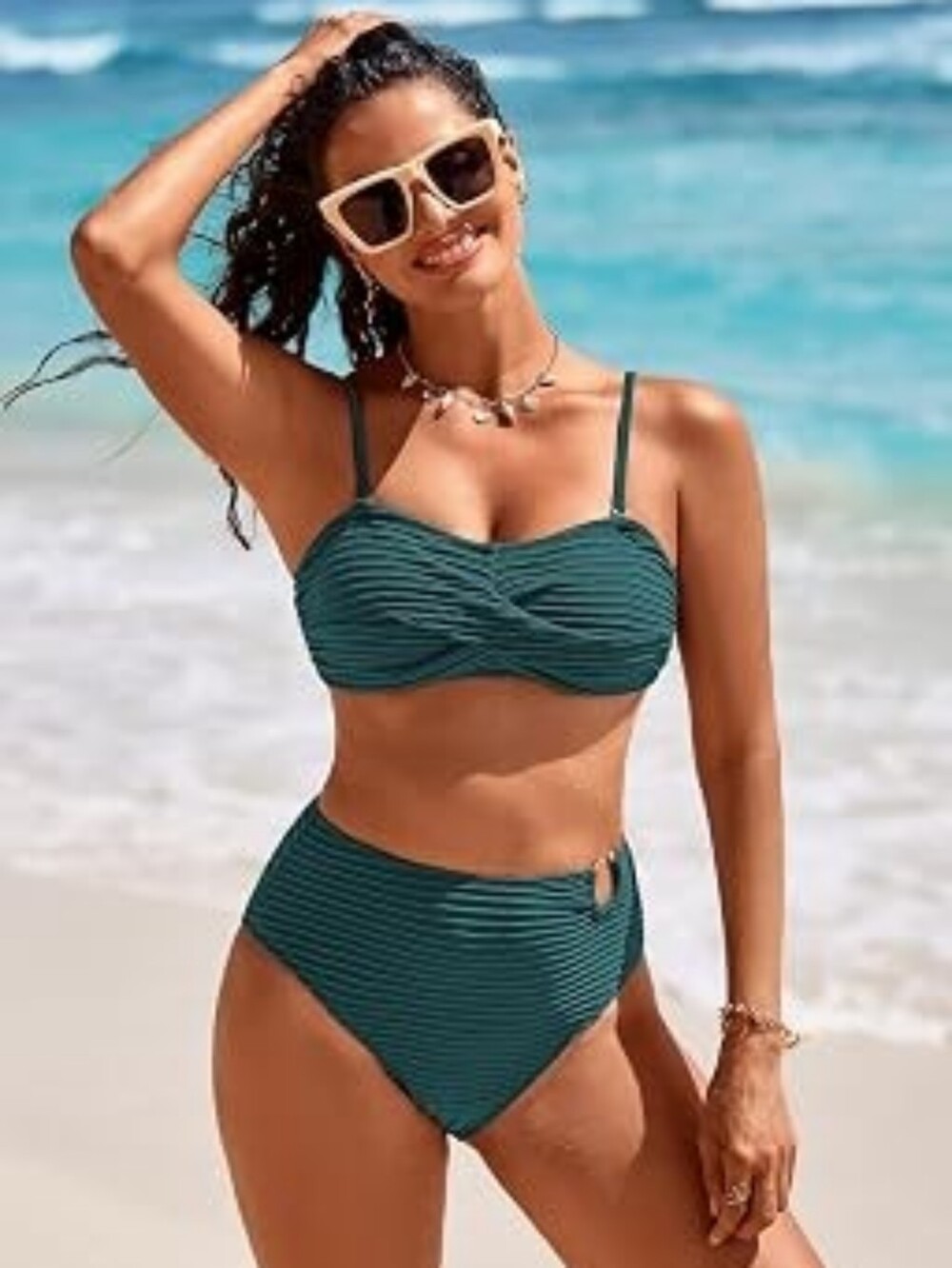Womens High-Waist Ribbed Texture Ring Accent Bandeau Bikini Teal Blue, S